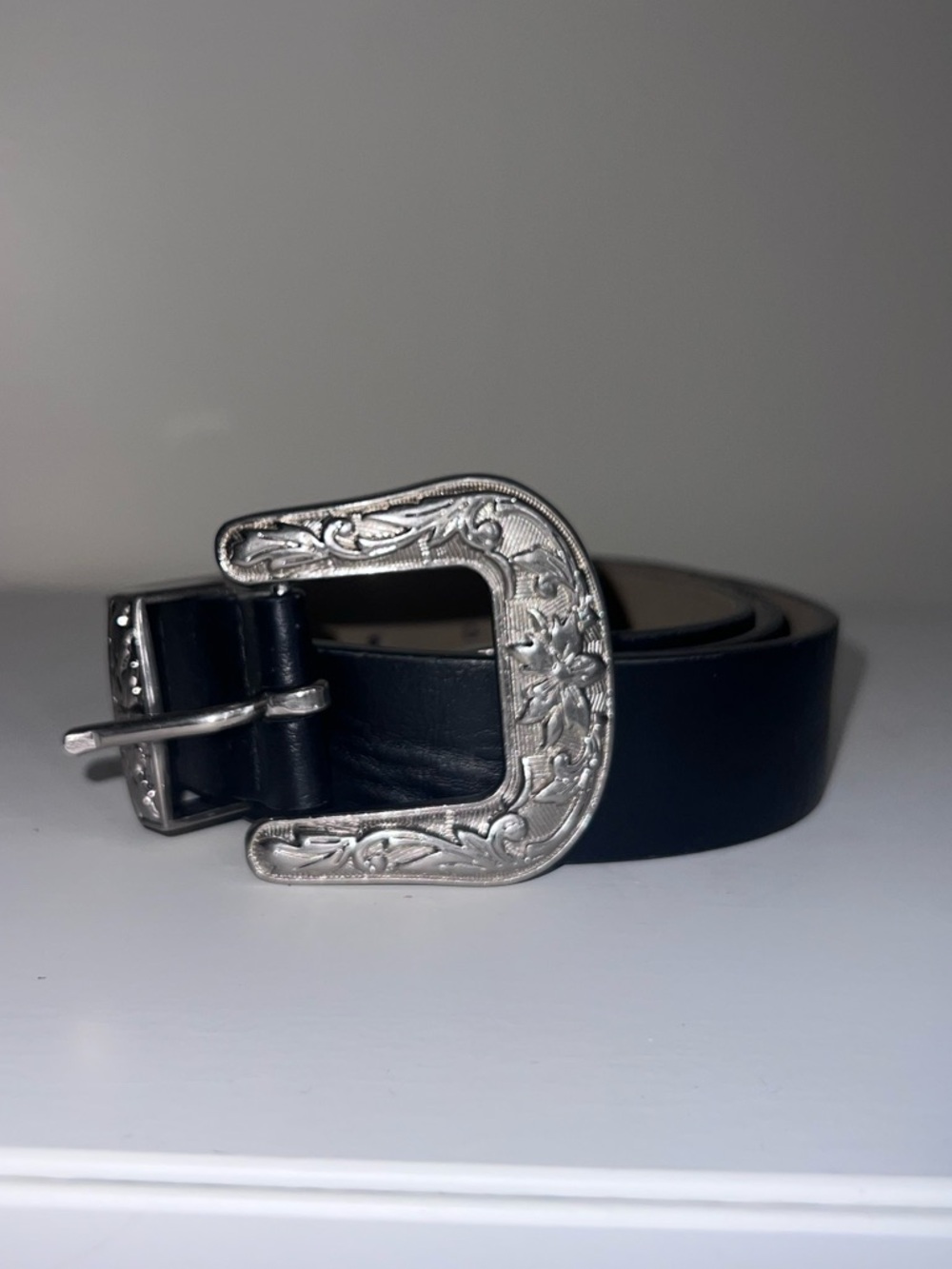 Black Leather Western-Style Belt with Engraved Silver Buckle